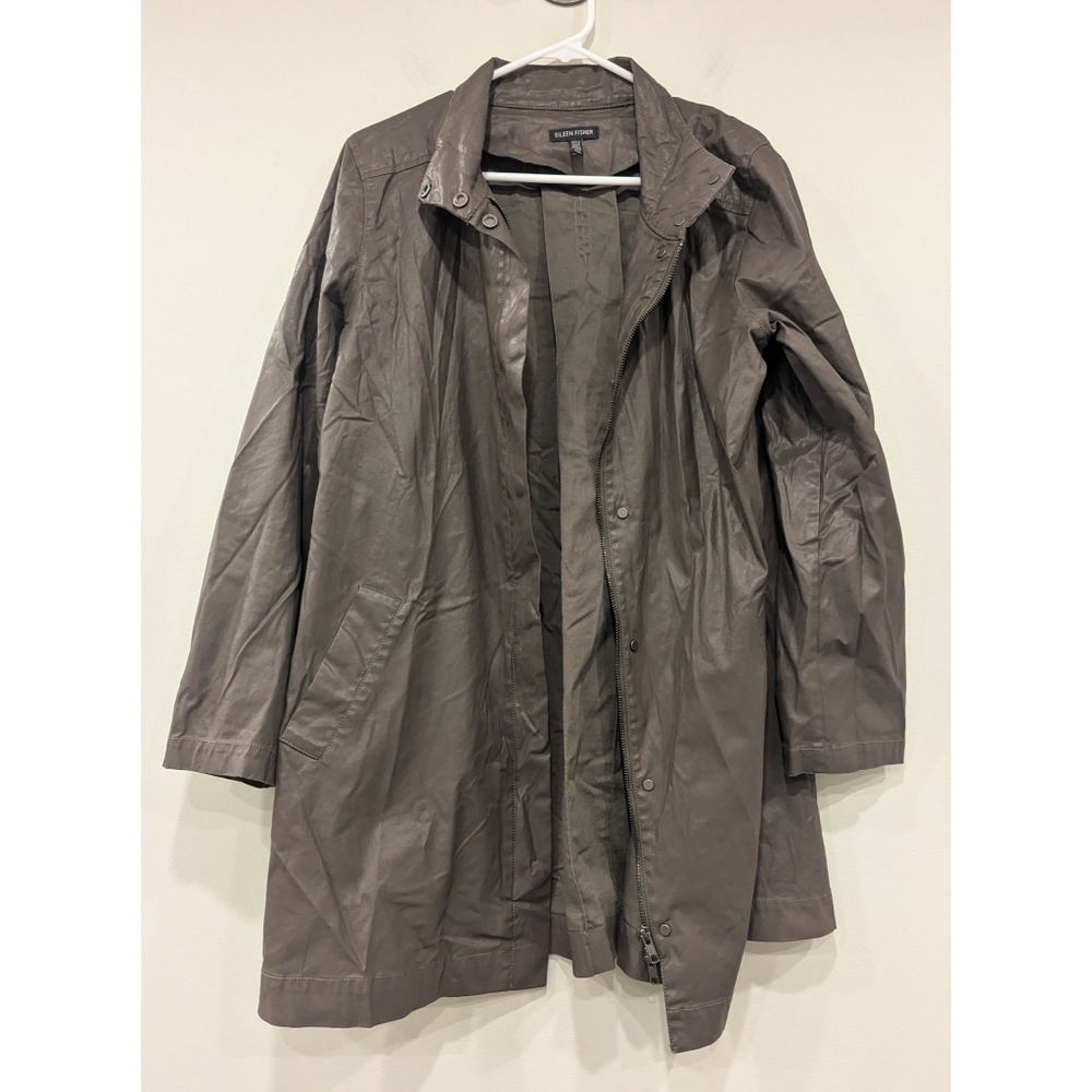 Eileen Fisher Cotton Resin Full Zip Snap Closure Trench Jacket Size Medium
